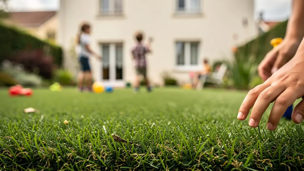 Jardin résidentiel avec gazon synthétique vert, espace familial ensoleillé